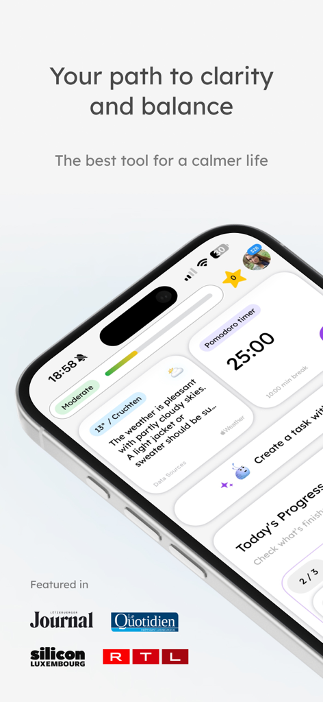 Mindory: AI Planner - Mindory AI Planner app interface on iPhone featuring a Pomodoro timer and stress monitoring widget