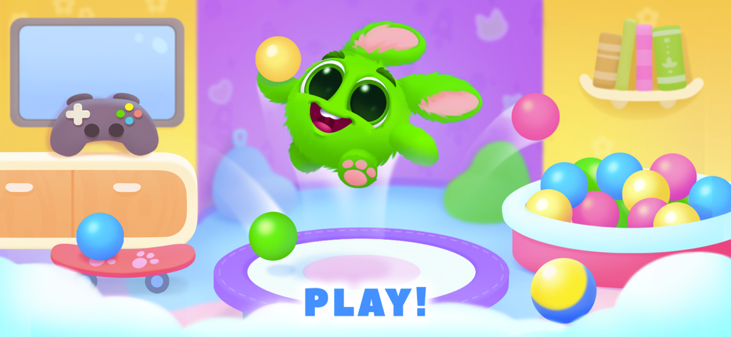 A cute green fluffy virtual pet jumping on a trampoline in a colorful playroom with a ball pit and game console
