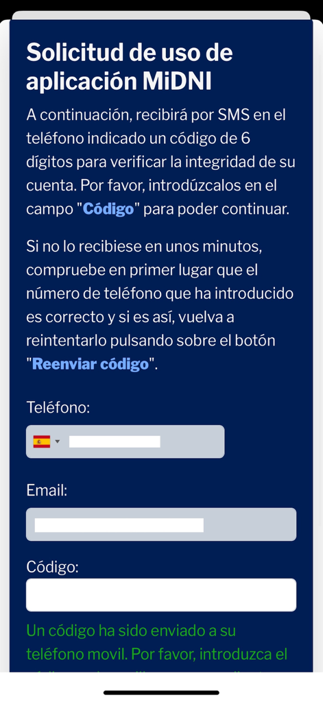 Pantalla móvil mostrando el proceso de verificación por SMS para la aplicación MiDNI con campos para número de teléfono y dirección de correo electrónico.