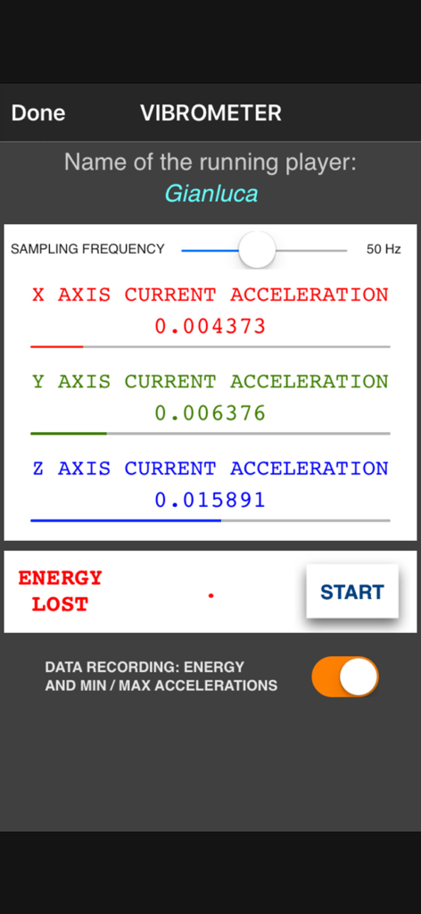 Vibrometer - Vibrometerアプリのインターフェース。X、Y、Z軸のリアルタイム加速度データが表示されています。
