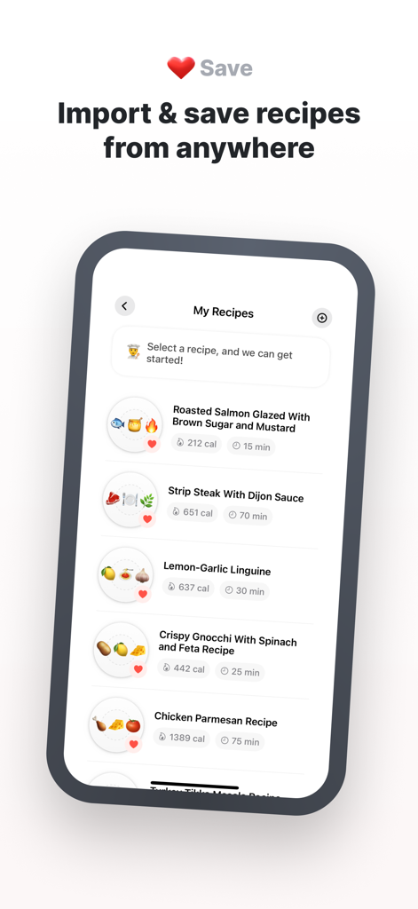 Remy - Recipes & Meal Planner - The My Recipes screen in the Remy app showing a list of imported dishes with calorie counts and cooking times