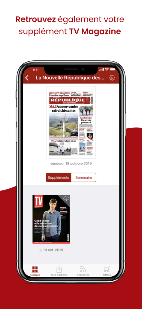 Interface de l'application Journal La NR des Pyrénées montrant le journal numérique et son supplément magazine TV.