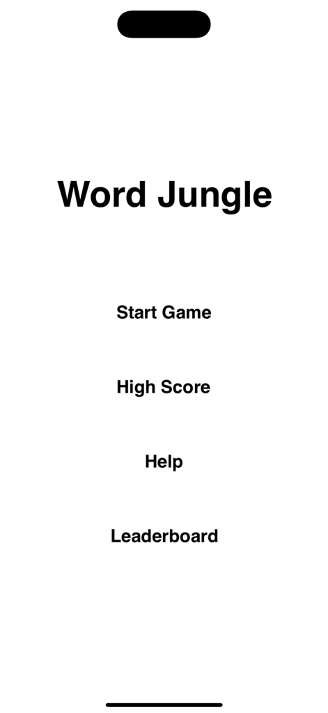 El menú principal minimalista de la aplicación Word Jungle que muestra opciones para iniciar juego, puntuación más alta, ayuda y tabla de clasificación.