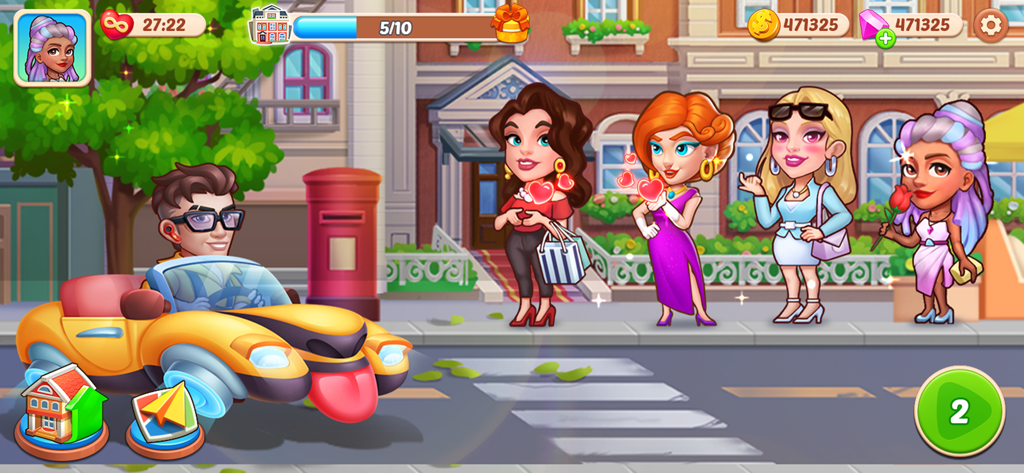 Hotel Fever Tycoon - Elegantes personajes femeninos y un coche amarillo en una calle de ciudad en Hotel Fever Tycoon.