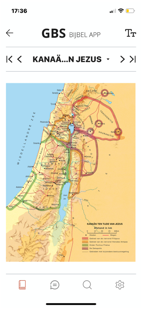 Mapa histórico de Canaán durante la época de Jesús en la App de la Biblia GBS