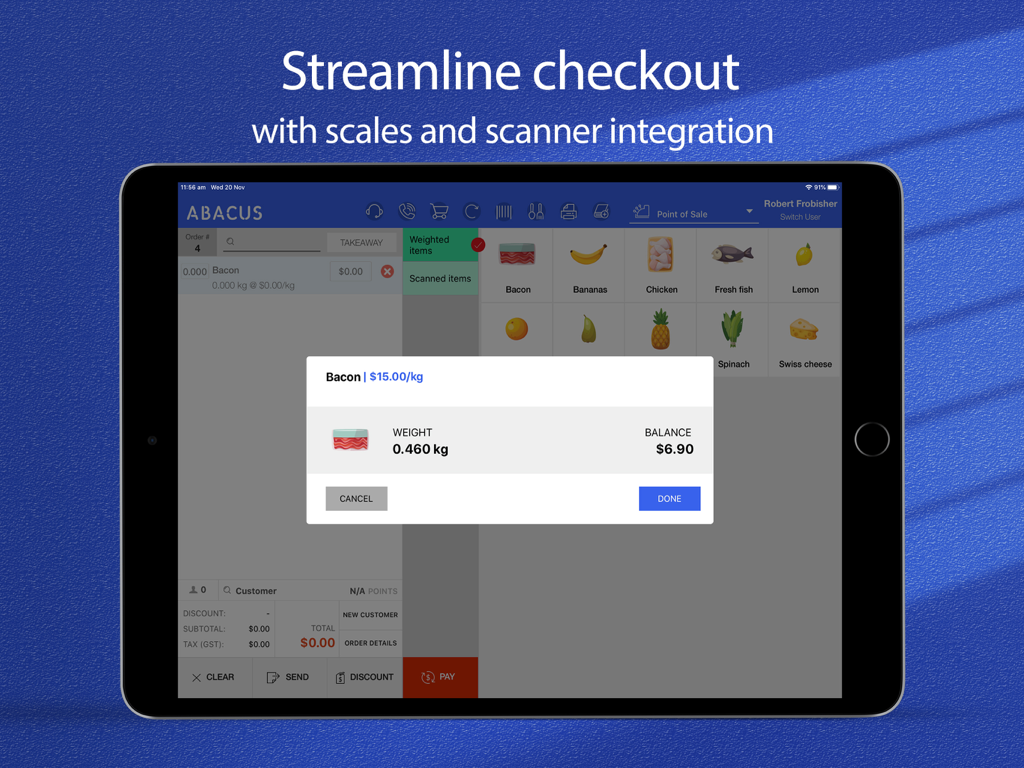 iPad interface of Abacus POS showing weighing scale integration for checkout items