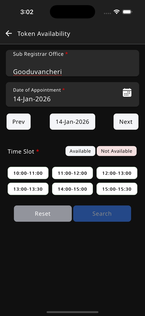 TNREGINET - Token availability and time slot booking interface in the TNREGINET app for Sub Registrar Office appointments.
