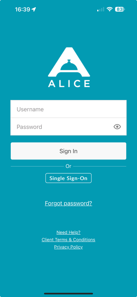 Login screen of the ALICE Staff app featuring a teal background, hotel bell logo, and sign-in fields.