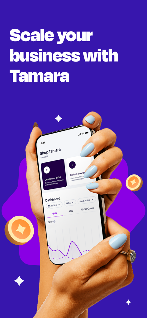 A hand holding a smartphone displaying the Tamara Business merchant dashboard with sales analytics and order management tools.