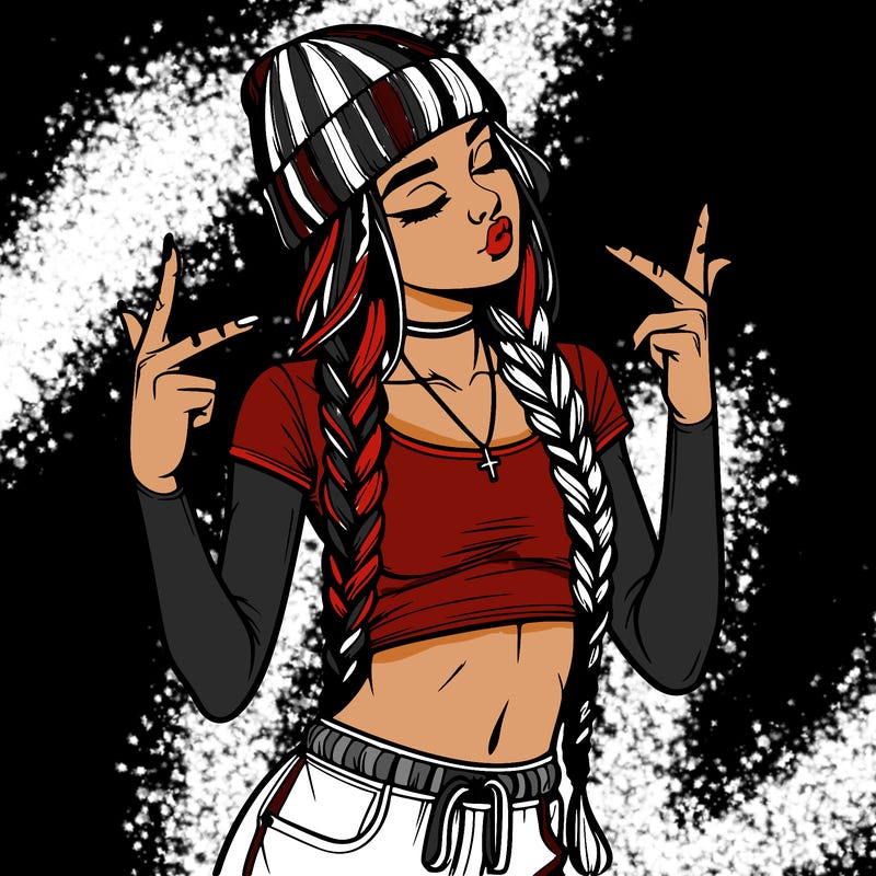 realistic teenage girl with braids and a beanie and crop top doing 🫶🏼