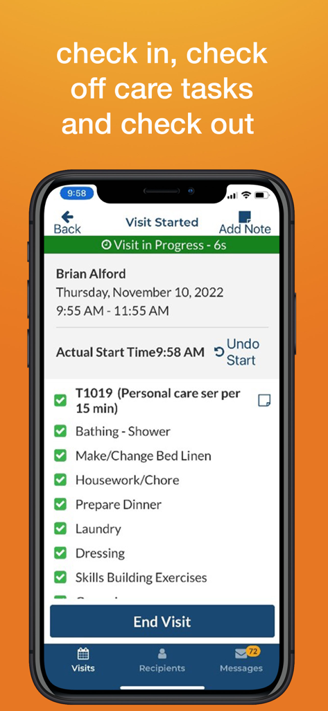 Mobile Caregiver+ - Mobile Caregiver plus app screen displaying a visit in progress with a checklist of completed care tasks.