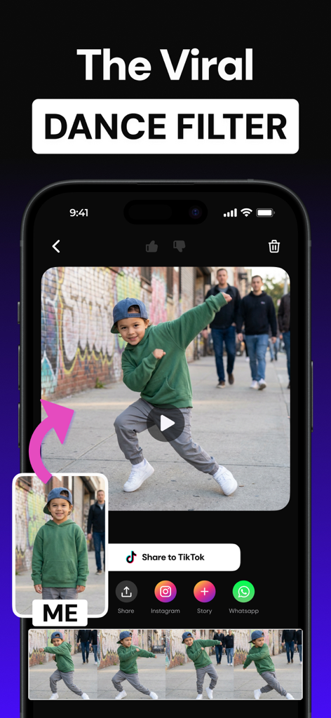 Boom AI app interface demonstrating a viral AI dance filter that animates a static photo into a video.