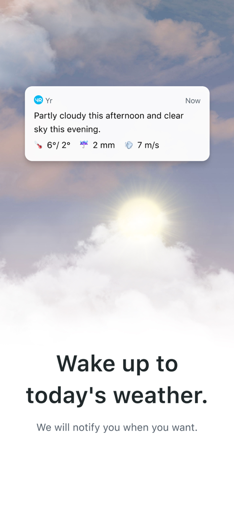 Morning weather forecast notification from the Yr.no app on a scenic sky background