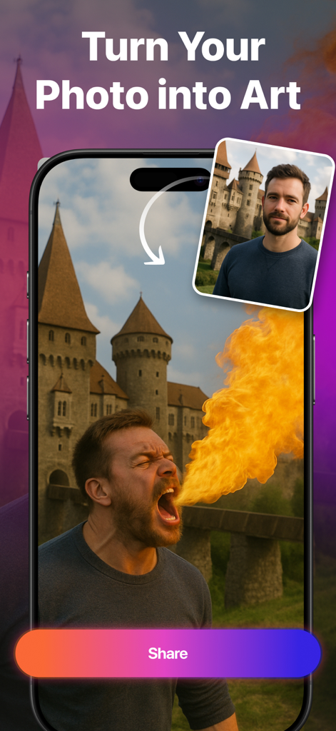 MiniMax AI - Video Generator - A mobile app interface showing a photo of a man transformed into an AI-generated scene where he breathes fire in front of a castle