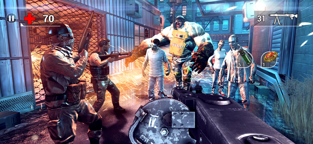 Intense first person shooter combat against zombies in an urban environment