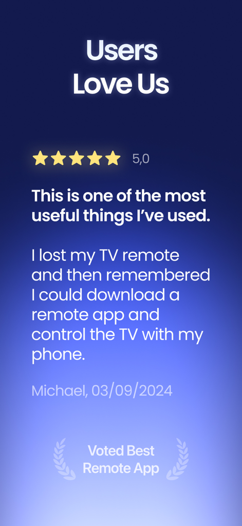 Remote Control TV & Smart - Five star user review from Michael praising the Remote Control TV app for its usefulness when a physical remote is lost