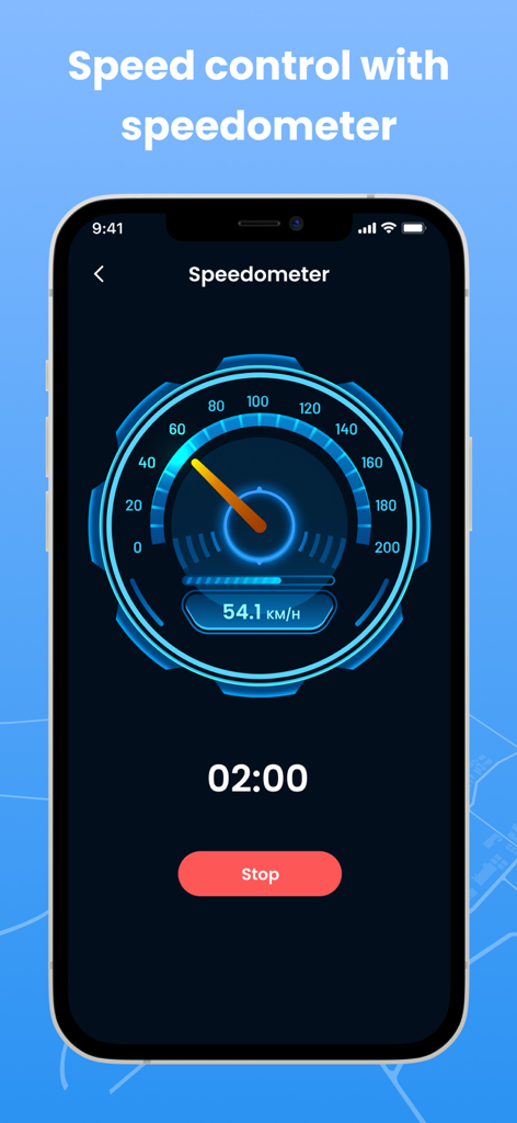 Digital speedometer interface showing speed and driving time