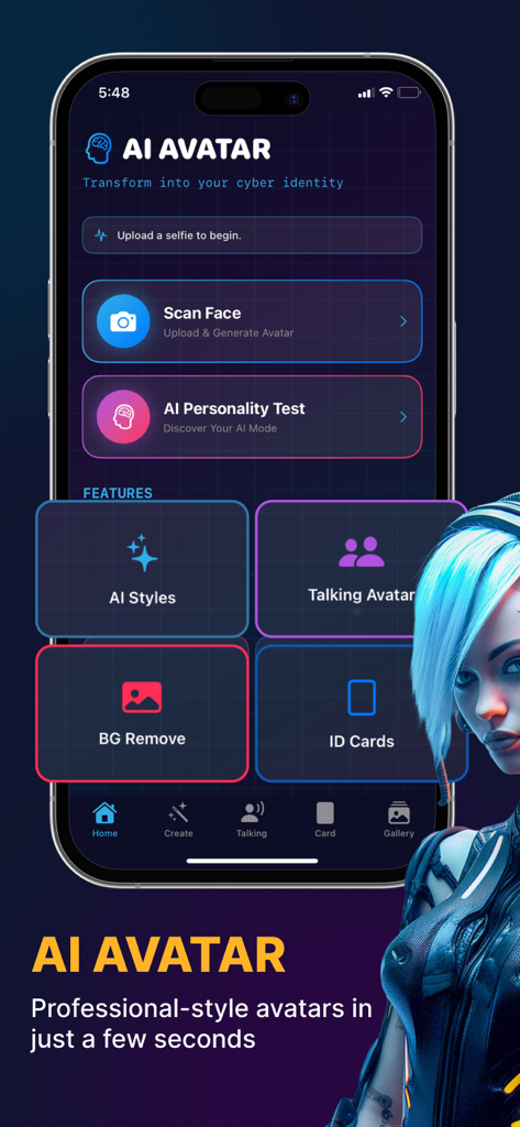 Ai Avatar Pro - Ai Avatar Pro home screen displaying features like scan face ai personality test and talking avatar