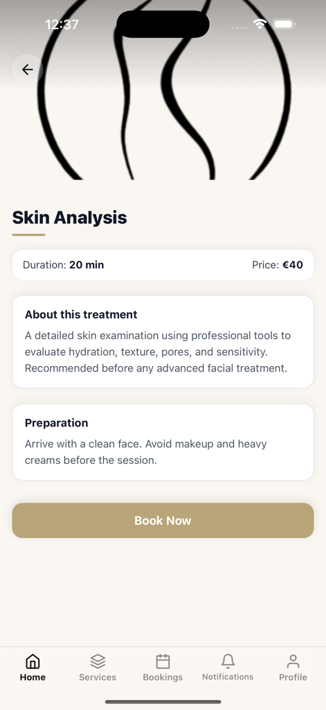 Viola Clinic - Tela de detalhes do tratamento de análise de pele com preços e botão de reserva no aplicativo Viola Clinic.
