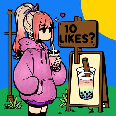 girl with oversized hoodie drinking boba and she has a high ponytail with a sign that says 10likes?