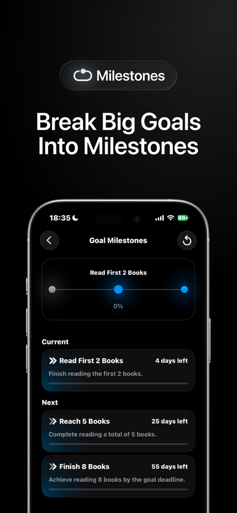 Pattrn AI - Self Improvement - Interface of the Pattrn AI app showing how to break down large goals into specific milestones with progress bars and deadlines.