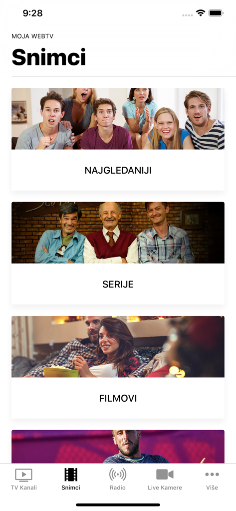 Moja webTV app interface showing the recordings section with categories for movies and series.
