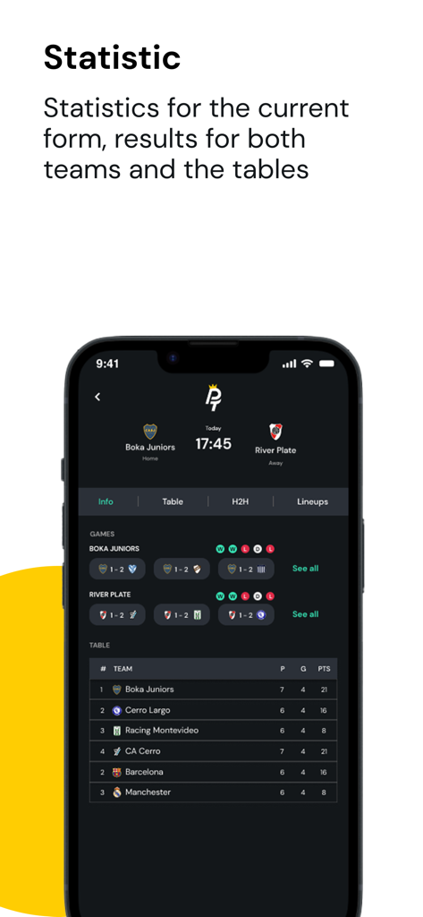 ProfitTips - Football Tips - Interfaz de la aplicación móvil que muestra estadísticas de partidos de fútbol, forma del equipo y clasificaciones de la liga.