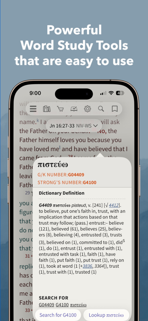 NIV Bible App + - ギリシャ語の単語研究と辞書定義ポップアップを表示するNIV聖書アプリ。
