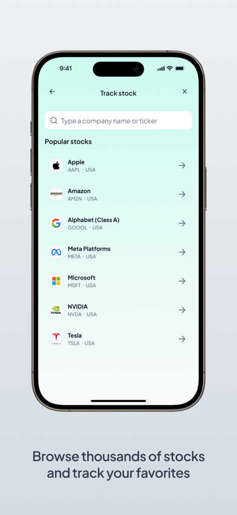 Price Tracker: AnyTracker - AnyTracker mobile app interface for tracking popular stocks like Apple Amazon and Tesla with a search bar for company tickers