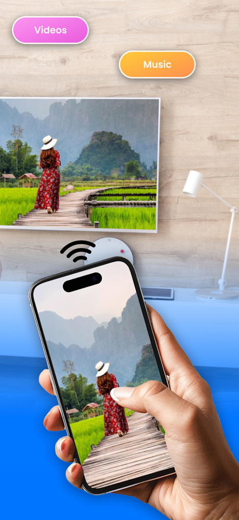 Smart View TV Screen Mirroring - Un iPhone effettua il mirroring wireless di una foto in orizzontale su un grande schermo di smart TV