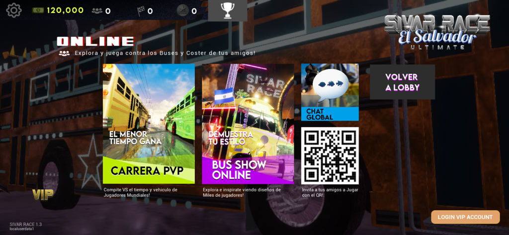 Sivar Race Ultimate - The online mode interface of Sivar Race Ultimate showing PVP race and bus show selections.