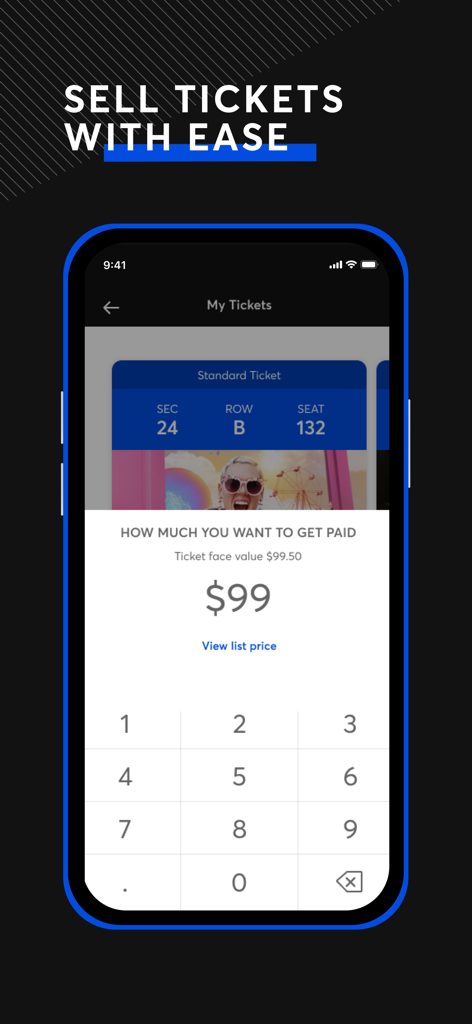 Screenshot of the Ticketmaster app showing the interface for reselling tickets with a price input screen