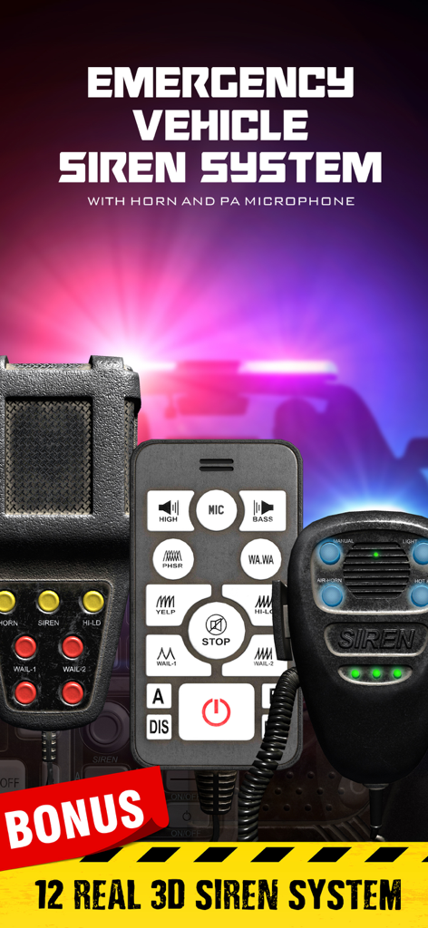 Emergency vehicle siren pro - Interface of the Emergency Vehicle Siren Pro app showing three realistic 3D siren remote controls with various emergency sound buttons and flashing police lights.