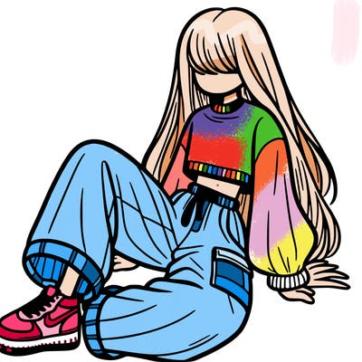 a girl with baggy pants and a crop top with long hair