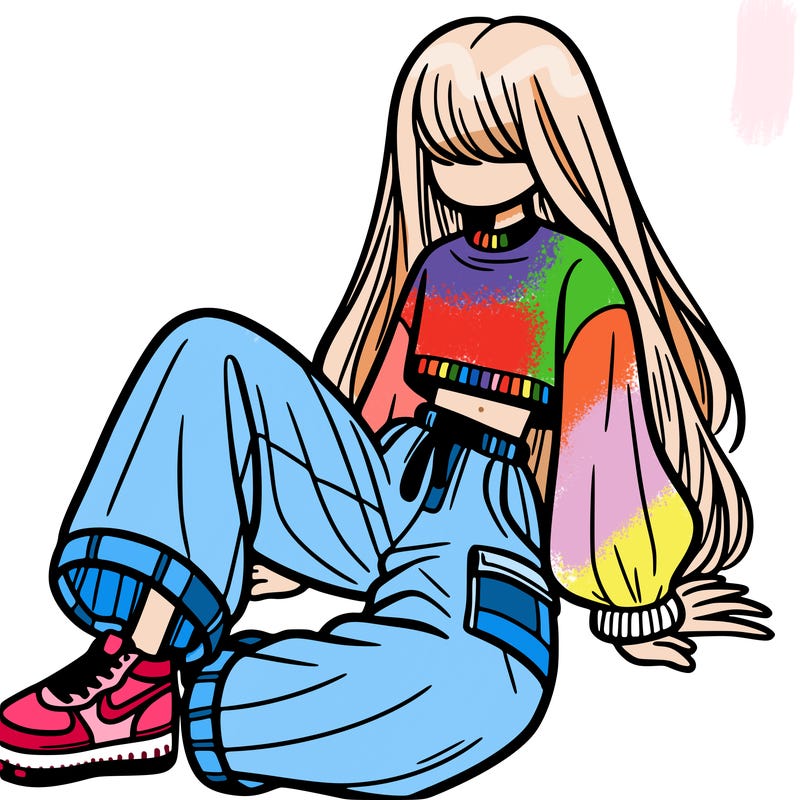 a girl with baggy pants and a crop top with long hair