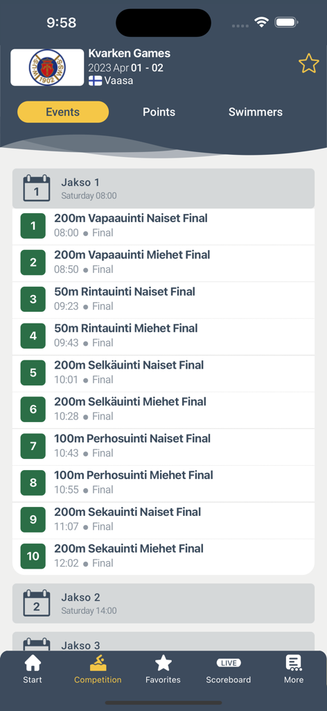 Swimify Livetiming app screen showing a detailed schedule of swimming events and race times for a competition.