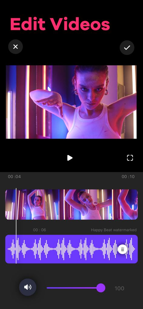 Video Editor: Make Music Video - Video editor app interface showing a video preview with synchronized music waveform and timeline