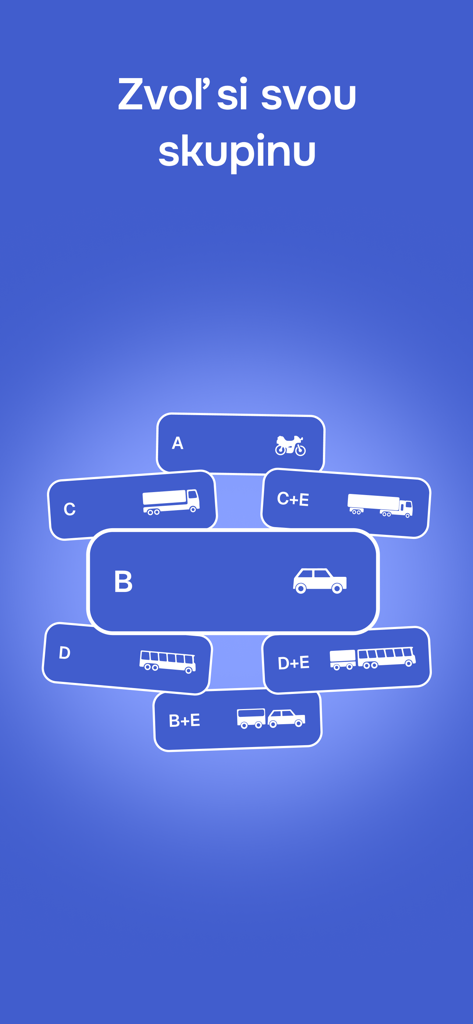 Autoškola - 2026 (SK) - Pantalla de selección de categorías de carné de conducir con iconos para motocicletas, coches, camiones y autobuses