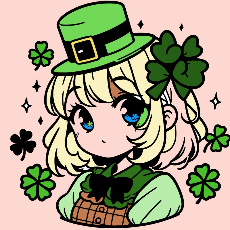 a manga-style girl with clovers around her, a little hat in her hair, like it's saint patrick's day