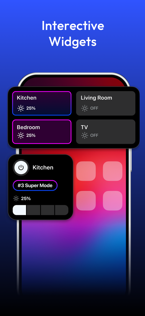Interactive WLED Pro widgets on an iPhone home screen for controlling smart light zones