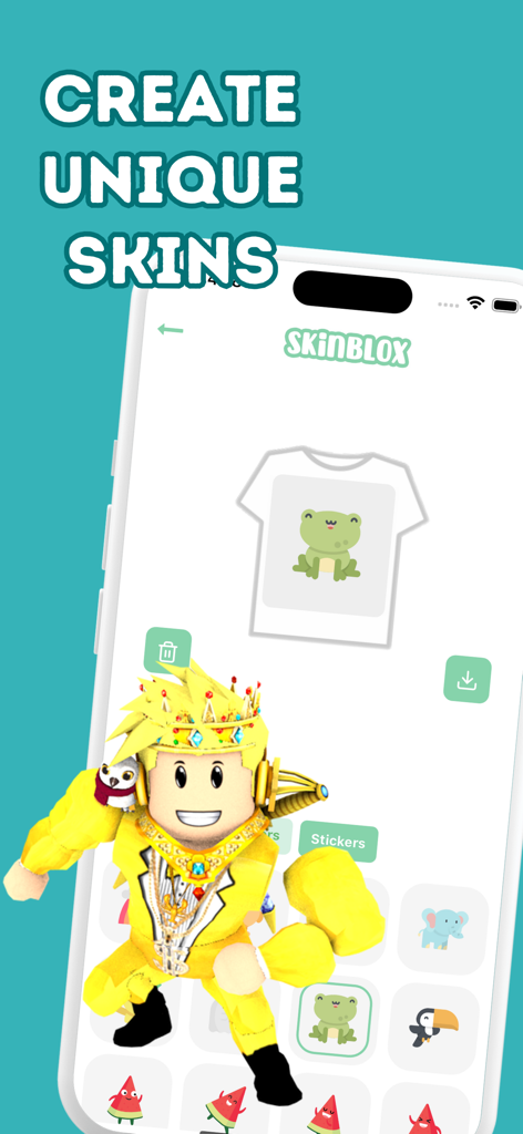 SkinBlox-Skin Maker for Roblox - SkinBlox app interface for designing custom Roblox skins and clothing