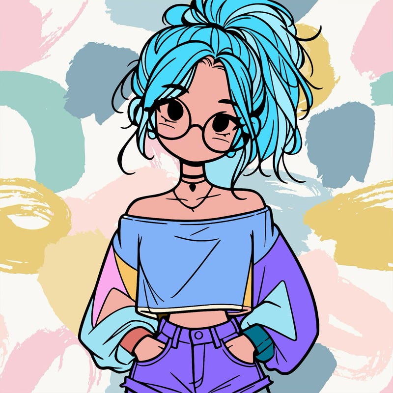 girl with a messy ponytail glasses a baggy crop top and jean shorts