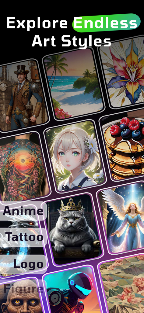 WOMBO Dream - AI Art Generator - A showcase of various AI generated art styles within the WOMBO Dream app interface