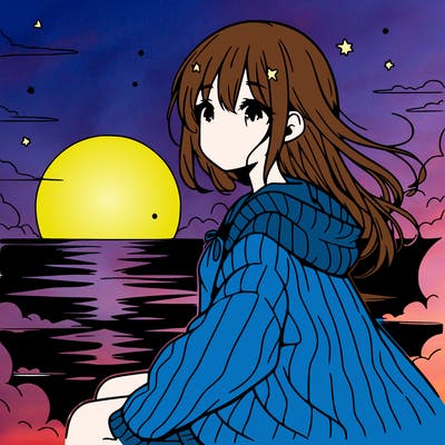 anime girl beside sun set