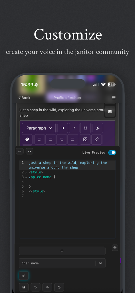 Interfaz de la aplicación móvil Janitor AI para personalización de perfil y creación de voz de personaje
