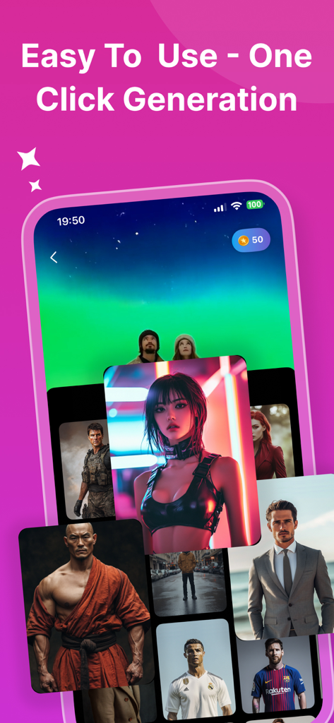 AI Video Edit Maker - Touchify - Touchify app interface showing one-click AI video generation with a gallery of diverse AI-generated character portraits