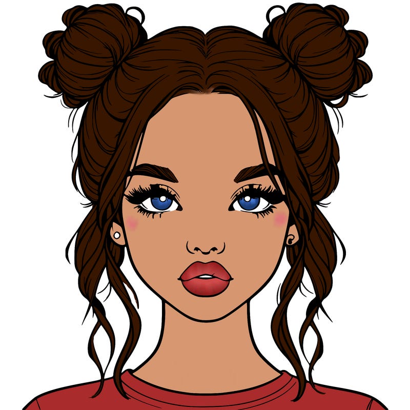 realistic girl with two buns in hair and lips