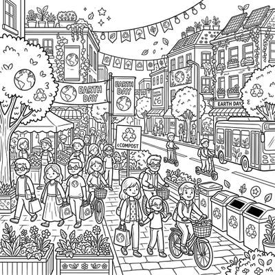 Immerse yourself in a lively urban landscape celebrating Earth Day with this detailed coloring page. Discover bustling street scenes, eco-friendly elements, and a community coming together for a greener planet.
