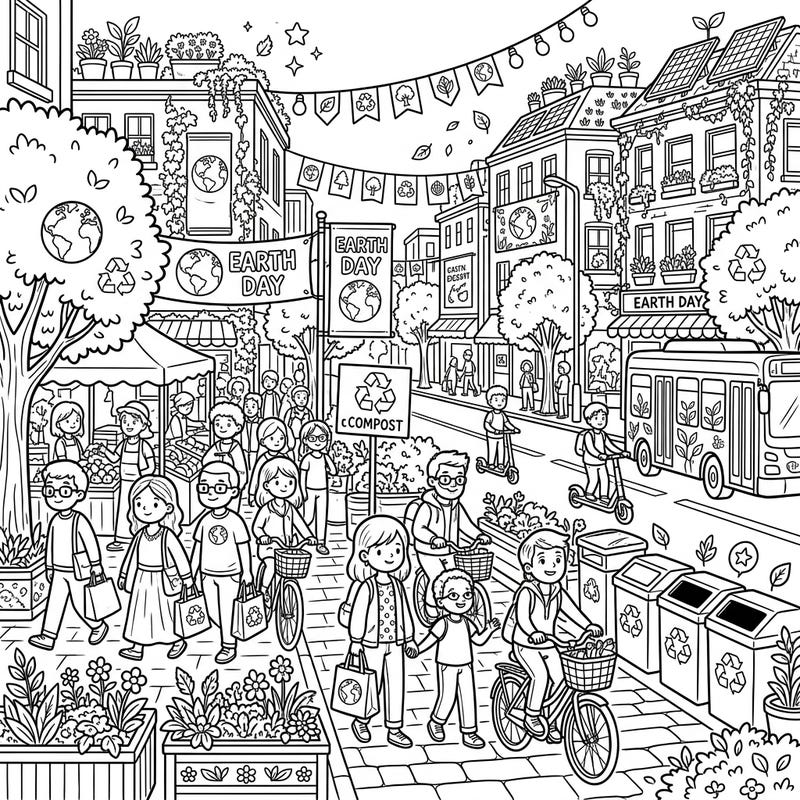 Immerse yourself in a lively urban landscape celebrating Earth Day with this detailed coloring page. Discover bustling street scenes, eco-friendly elements, and a community coming together for a greener planet.