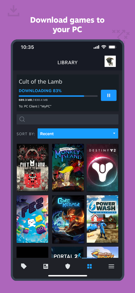 Steam Mobile - Pantalla de la biblioteca de la aplicación Steam Mobile mostrando una descarga de juego remota en progreso a un PC.